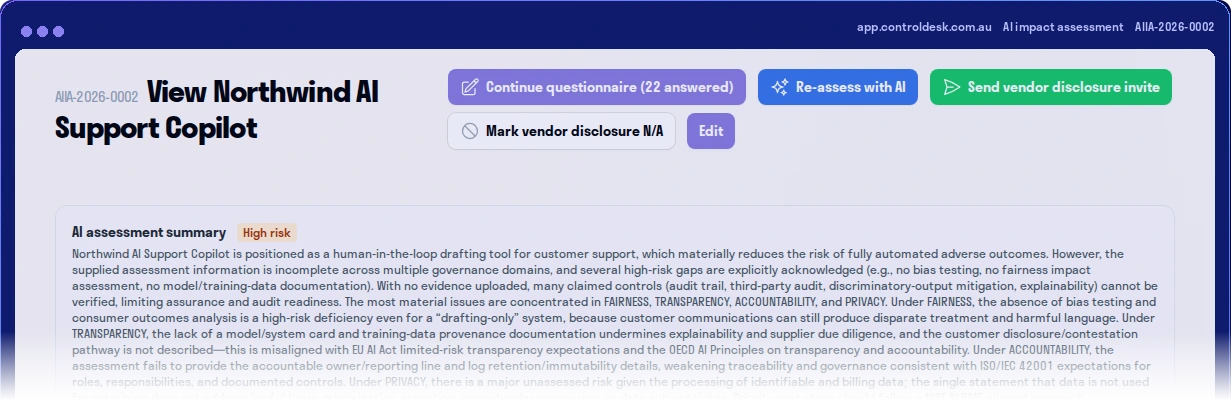 An AI impact assessment in ControlDesk, AIIA-2026-0002, rated High risk, with the AI-drafted summary citing the EU AI Act, ISO/IEC 42001 and the NIST AI RMF