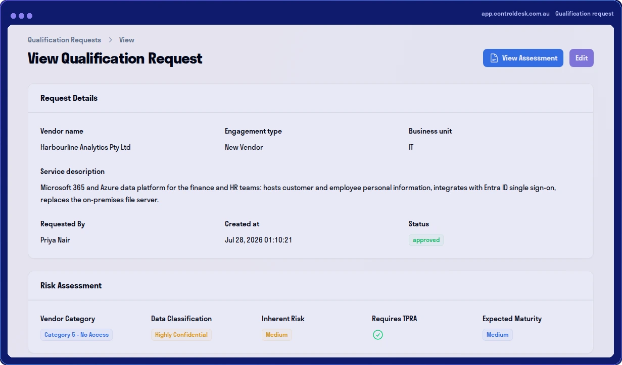 An approved qualification request in ControlDesk, classified Category 5, Highly Confidential, medium inherent risk, with a third-party risk assessment required